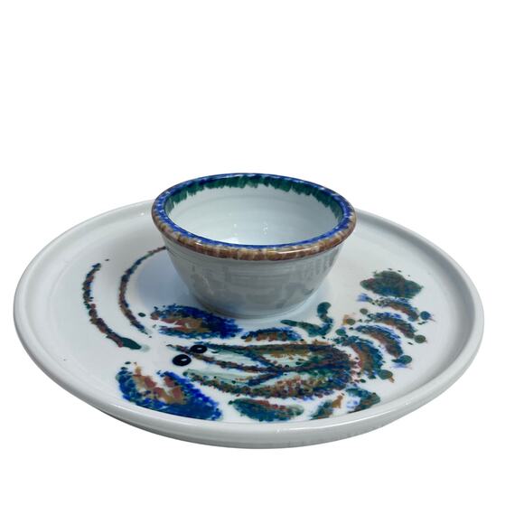 Handcrafted Stoneware Chip and Dip Dish Lobster Crayfish Hand-painted‎ 10" - Picture 1 of 4